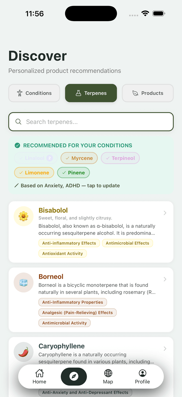 Melo terpene recommendations screen